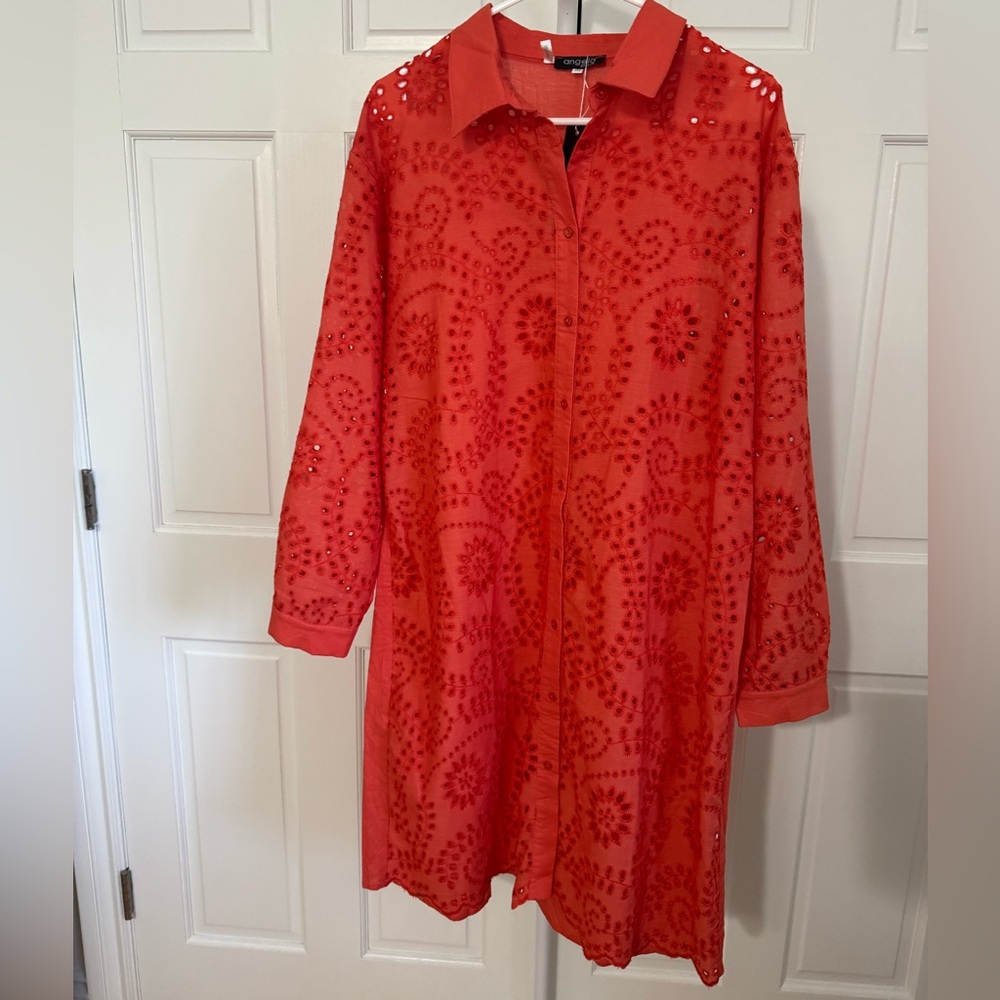 NWT Angela Plus Tan Long Sleeve Button Down Eyelet Dress Size 1x